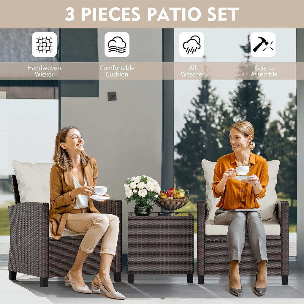 Vongrasig 3 Piece Patio Furniture Set Small Outdoor Wicker Rattan Front Porch Bistro Set Cushioned Patio Chairs Conversation Set with Glass Table for Lawn, Garden, Backyard, Balcony, Poolside (Beige)