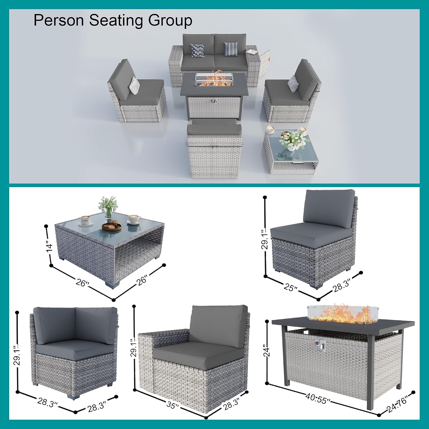 7-Piece Patio Furniture Set, Outdoor Patio Conversation Set with 60,000 BTU Fire Pit Table, PE Rattan Wicker Sectional Sofa with Large Capacity Seats, Widened Armrests, Extra High Backrest, Grey