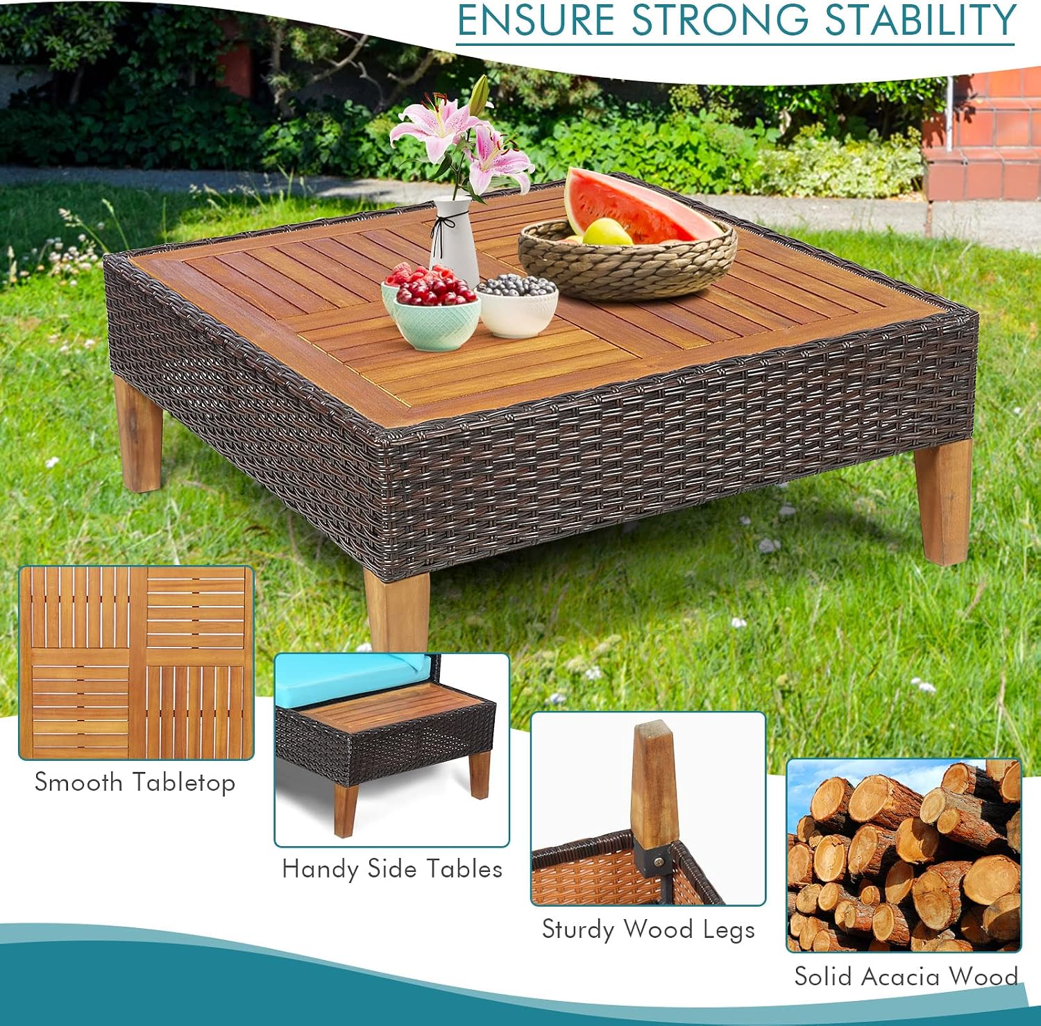 Tangkula 4 Pieces Acacia Wood Patio Furniture Set, Patiojoy L Shaped Wicker Corner Sectional Sofa Set with Thick Cushions, Coffee Table, for Backyard, Garden, Poolside and Deck (Turquoise)