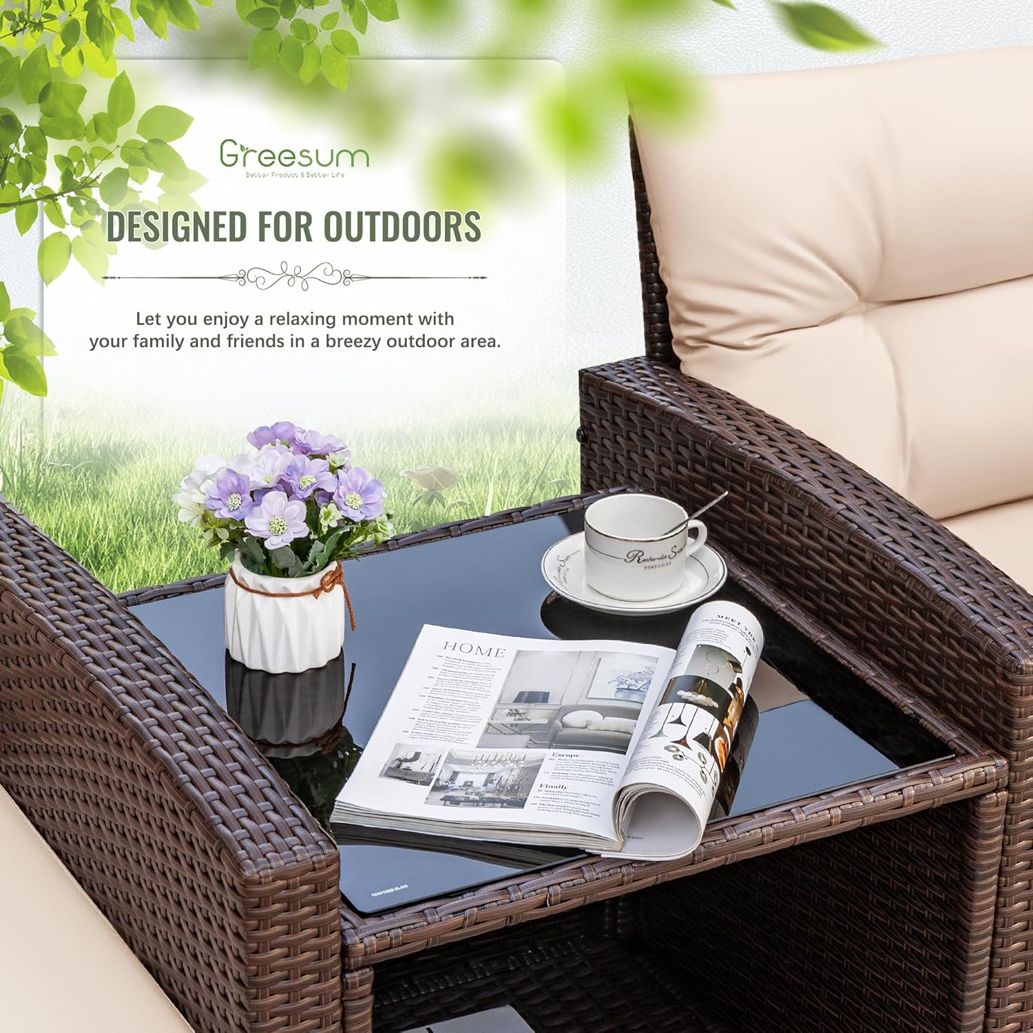 Greesum 3 Pieces Patio Furniture Sets Outdoor PE Rattan Wicker Chairs with Soft Cushion and Glass Coffee Table for Garden Backyard Porch Poolside, Beige