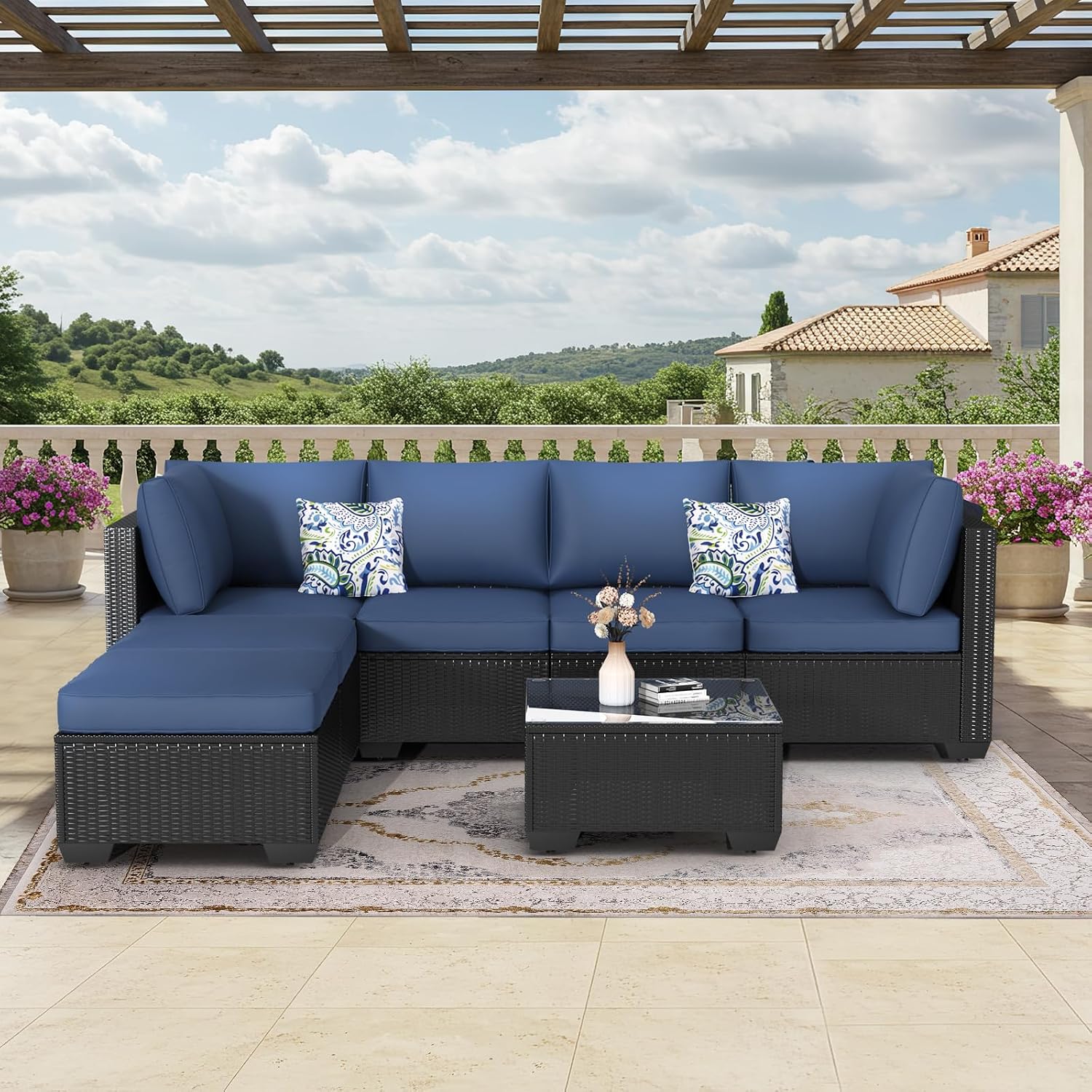 U-MAX 7 Piece Outdoor Patio Furniture Set, PE Rattan Wicker Sofa Set, Outdoor Sectional Furniture Chair Set with Navy Cushions and Tea Table, Black Rattan