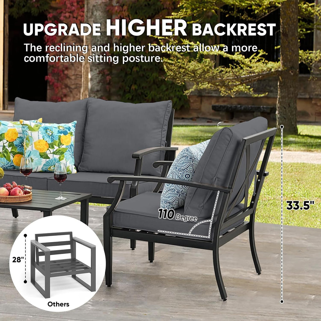 JOYURE 4 Pieces Patio Furniture Set w/loveseat,Coffe Table,Outdoor Conversation Metal Sofa with High Back and Thick Cushion,for Backyard,Garden,Grey