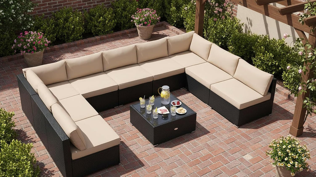 Tangkula 10 Pieces Patio Sofa Set, Outdoor Wicker Conversation Set with Soft Cushions, Tempered Glass Tabletop, Sofa Fastener Clips Included, Rattan Furniture Set for Backyard, Poolside (Beige)