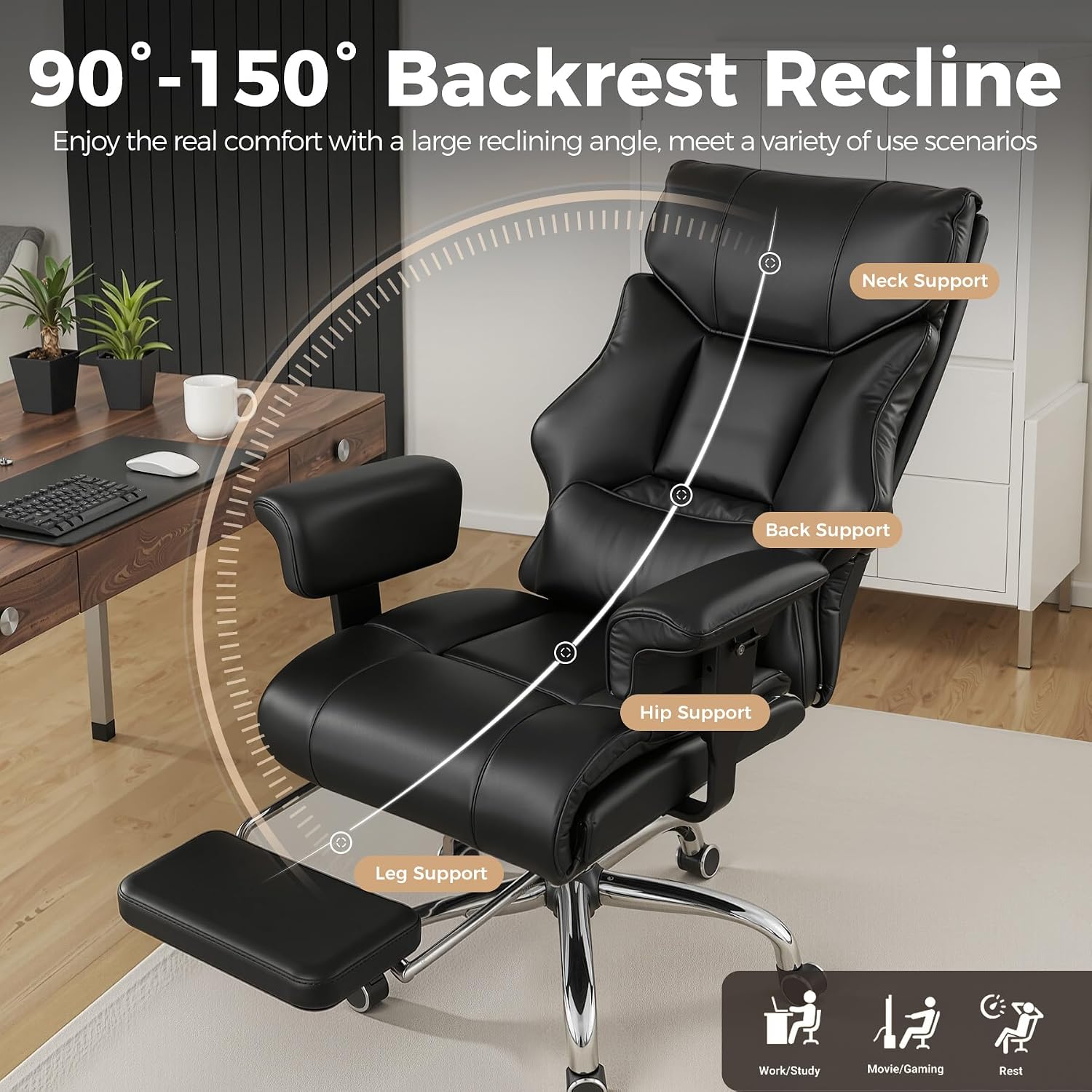 COMHOMA Big and Tall Office Chair 400lbs High Back Computer Gaming Chair with Ergonomic Lumbar Support & Pocket Spring Cushion for Lower Back Pain Relief, Leather Executive Chair with Foot Rest, Black