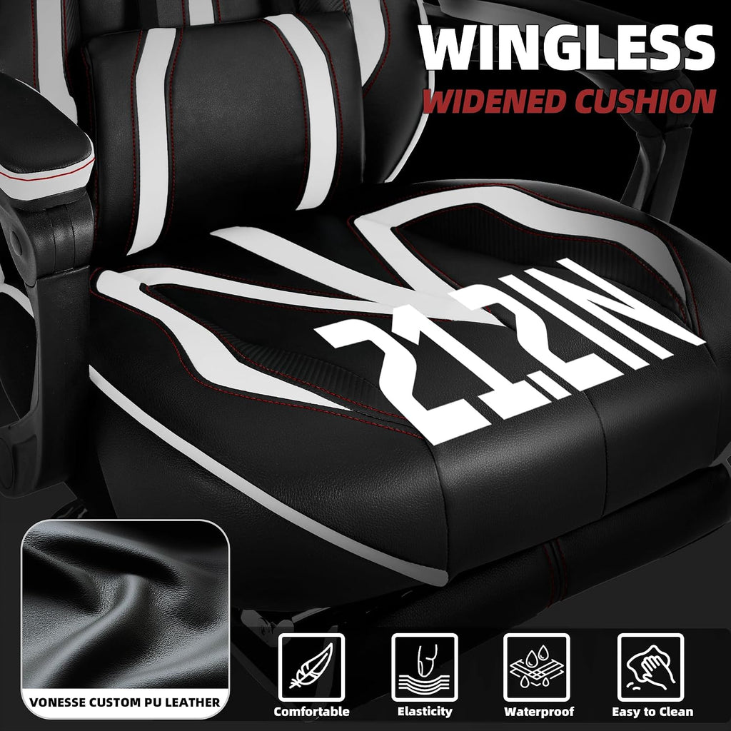 Vonesse Gaming Chair with Footrest,Reclining Computer Gaming Chair for Adults,Big and Tall Gamer Chair with Massage,Ergonomic High Back (White/Black)