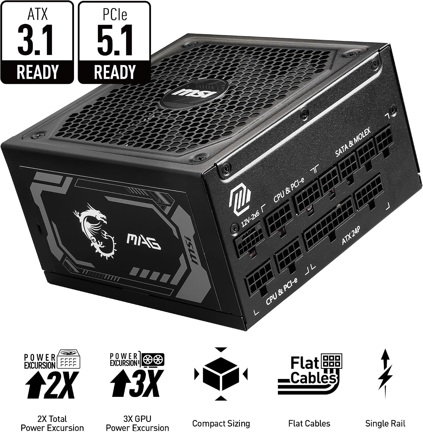 MSI MAG A1250GL PCIE5, Fully Modular Compact Gaming 1250W Power Supply, 80+ Gold, ATX 3.1 & PCIe 5.1 Ready, Native Dual-Color 12V-2x6 Cable, 10 Year Warranty