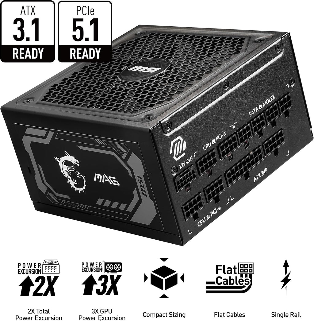 msi MAG A1000GL PCIE5, Fully Modular Compact Gaming 1000W Power Supply, 80+ Gold, ATX 3.1 & PCIe 5.1 Ready, Native Dual-Color 12V-2x6 Cable, 10 Year Warranty