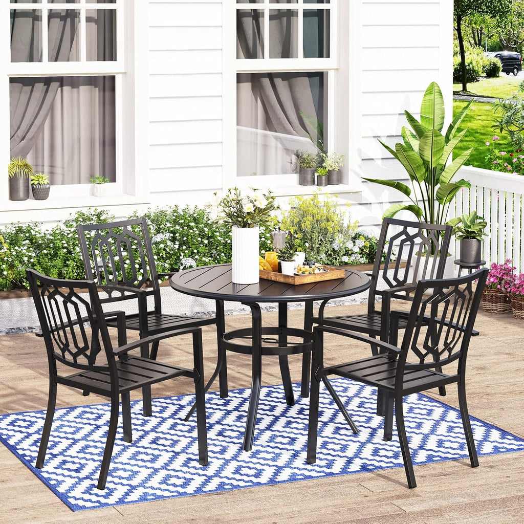 MFSTUDIO Outdoor Dining Set for 4, Round Patio Table and Chairs Set with Umbrella Hole, 5 Piece Patio Furniture Set for Deck, Backyard, Poolside & Garden