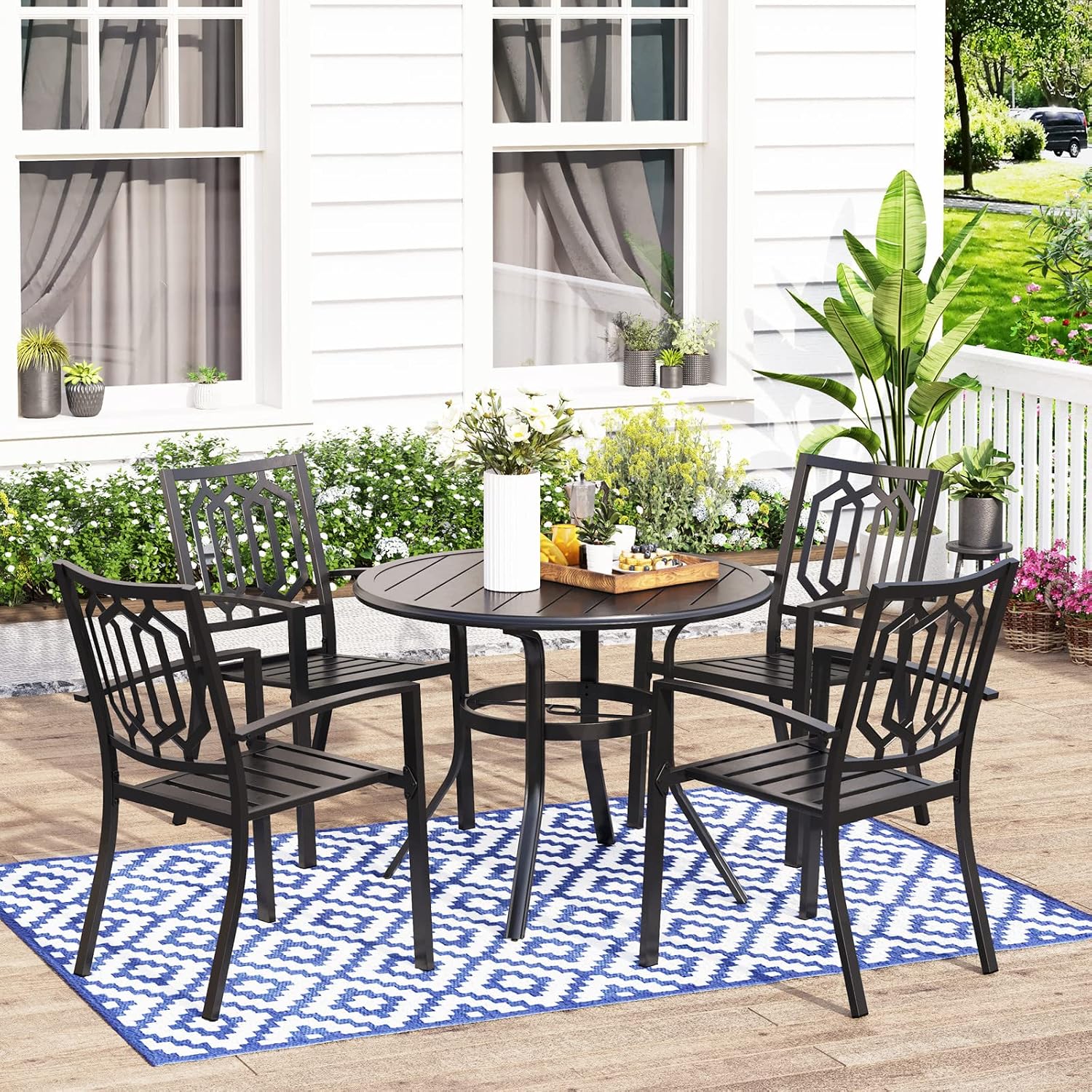 MFSTUDIO Outdoor Dining Set for 4, Round Patio Table and Chairs Set with Umbrella Hole, 5 Piece Patio Furniture Set for Deck, Backyard, Poolside & Garden