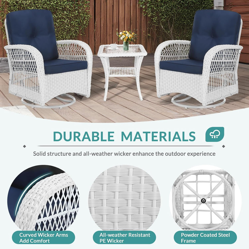 MEETWARM 3 Pieces Outdoor Wicker Swivel Rocker Patio Set, Rocking Chairs Rattan Patio Furniture Sets with Thickened Cushion and Glass-Top Coffee Table, Conversation Bistro Set, White Wicker/Navy