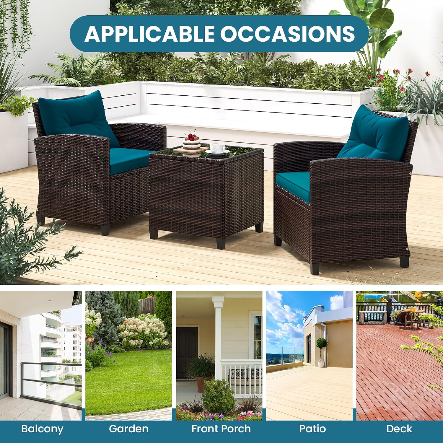 ORALNER 3 Pieces Patio Furniture Set, Outdoor Wicker Conversation Set Rattan Chairs with Cushions, Glass Coffee Table, Bistro Set for Front Porch Balcony Garden Deck Poolside (Peacock Blue)