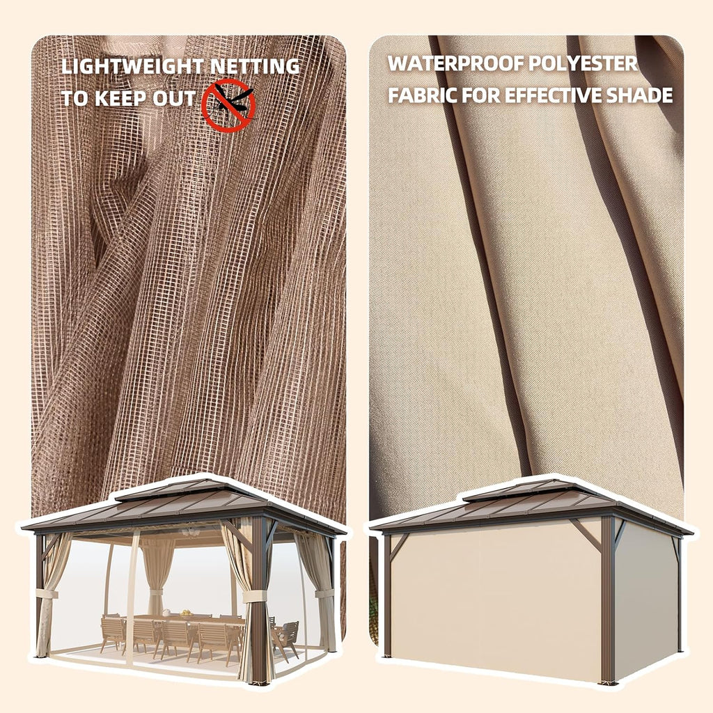 YOLENY 12'x14' Hardtop Gazebo, Aluminum Frame Outdoor Gazebos with Polycarbonate Vertical Stripe Double Canopy, Includeds Netting and Curtains for Patios, Decks, Backyards, Lawns and Garden