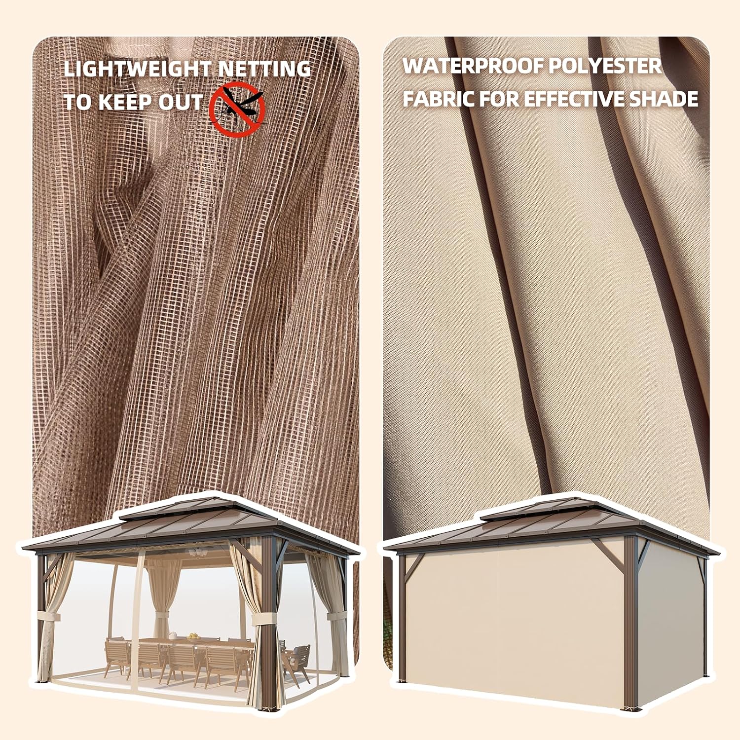 YOLENY 12'x14' Hardtop Gazebo, Aluminum Frame Outdoor Gazebos with Polycarbonate Vertical Stripe Double Canopy, Includeds Netting and Curtains for Patios, Decks, Backyards, Lawns and Garden