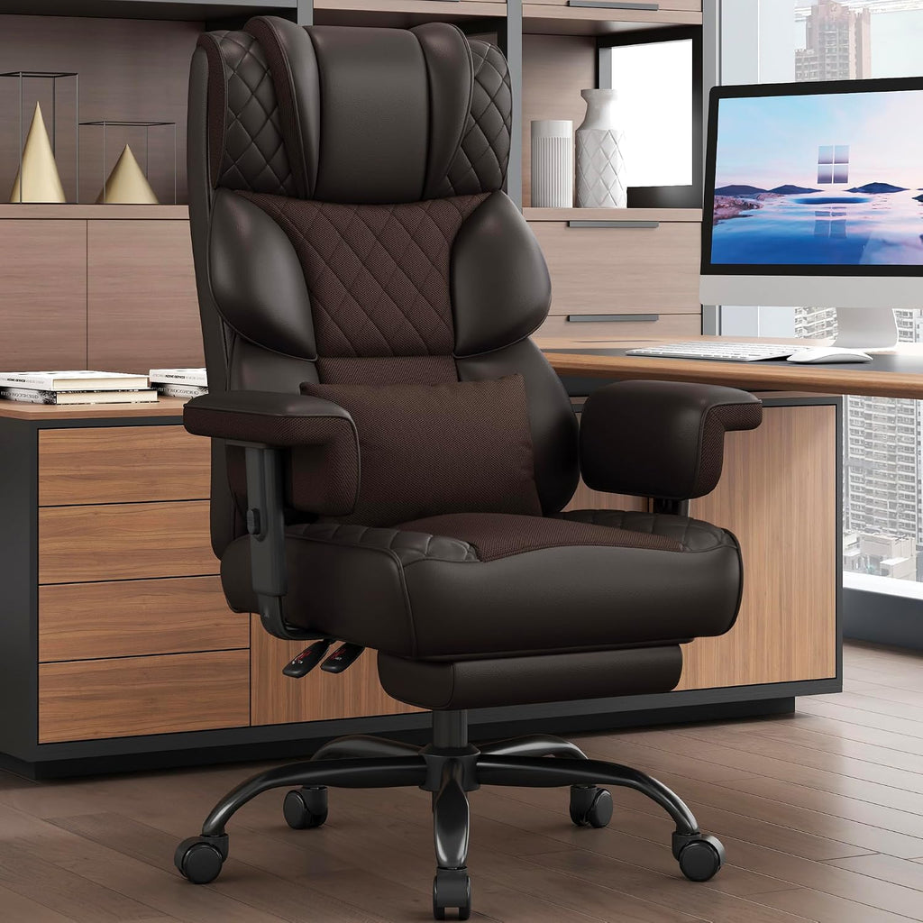 Vonesse Big and Tall Office Chair, Desk Chair with Soft Adjustable Armrests, Ergonomic High Back Gaming Chair with Lumbar Support, Executive Computer Chairs with Footrest (PU Leather, Brown)