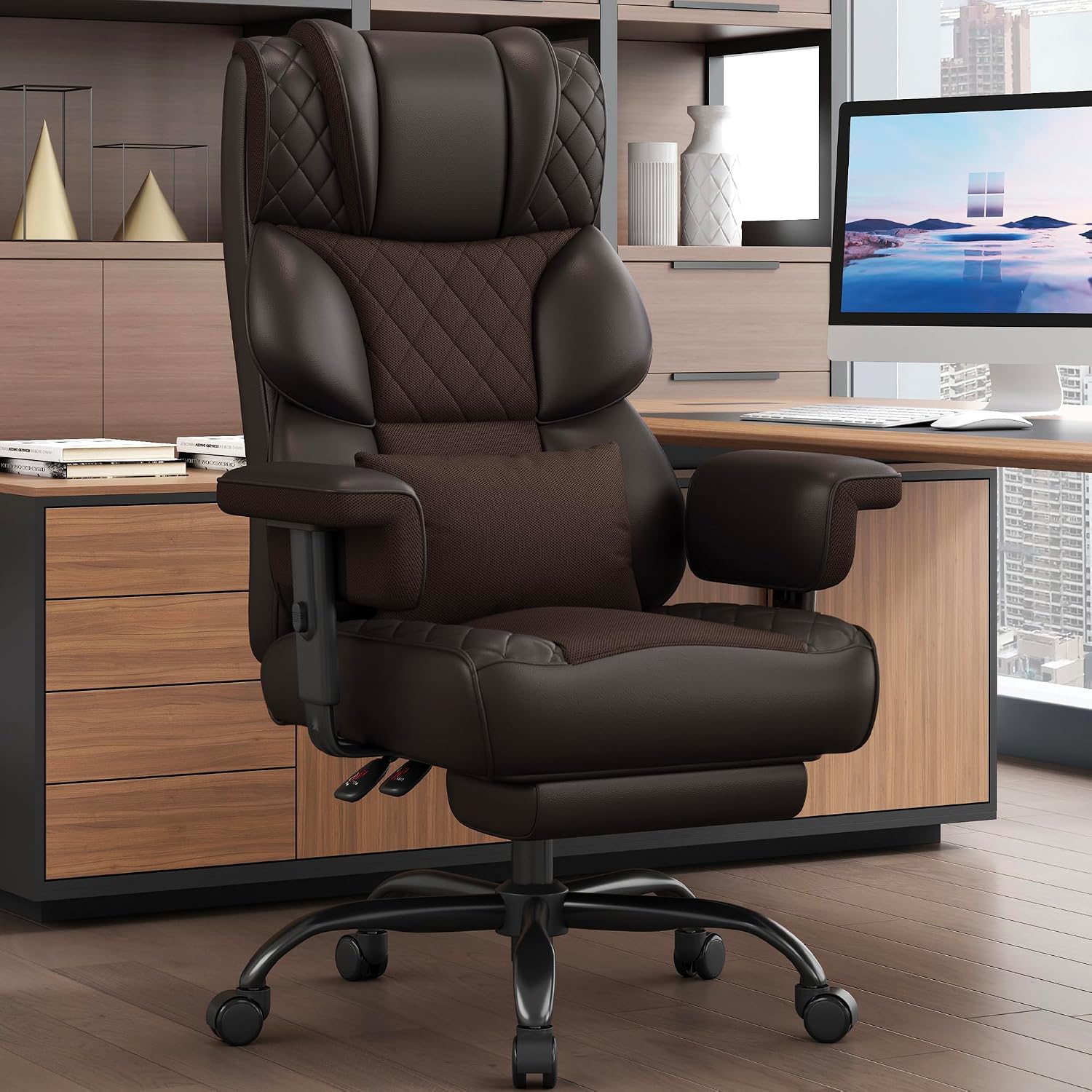 Vonesse Big and Tall Office Chair, Desk Chair with Soft Adjustable Armrests, Ergonomic High Back Gaming Chair with Lumbar Support, Executive Computer Chairs with Footrest (PU Leather, Brown)