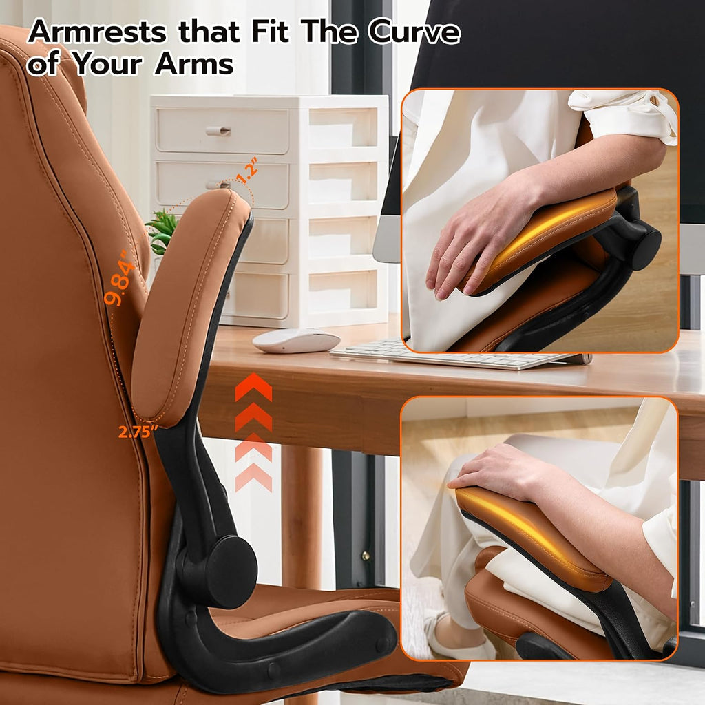 Ylzyxal Office Desk Chair, Ergonomic Computer Chair with Padded Flip-Up Arms and Adjustable Lumbar Support, PU Leather Executive Chair with Tilt Lock and 360° Swivel Rolling Wheels for Work, Study