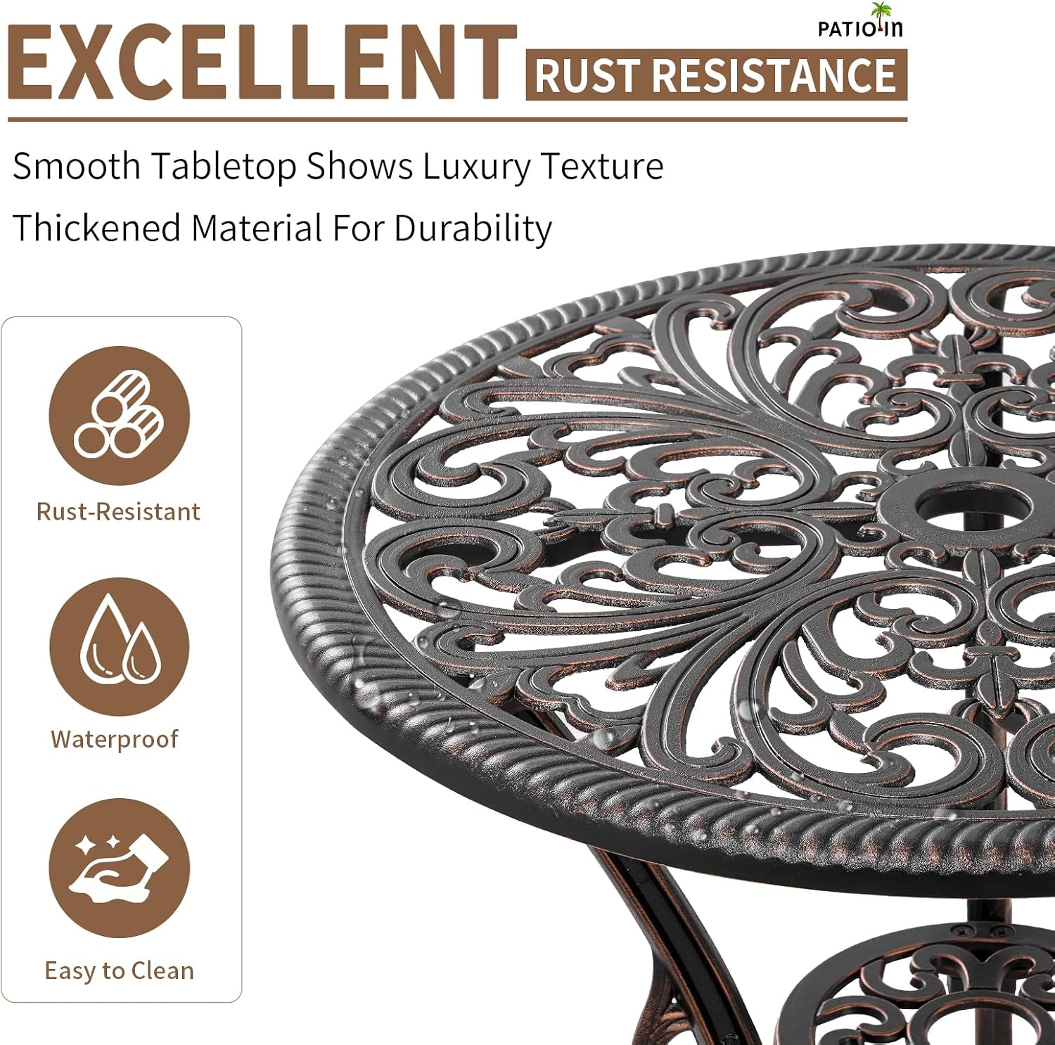 3 Piece Cast Aluminum Bistro Set, Bronze Bistro Table and Chairs Set of 2, 3 Piece Patio Furniture Set with 1.97' Umbrella Hole for Backyard, Balcony, Deck