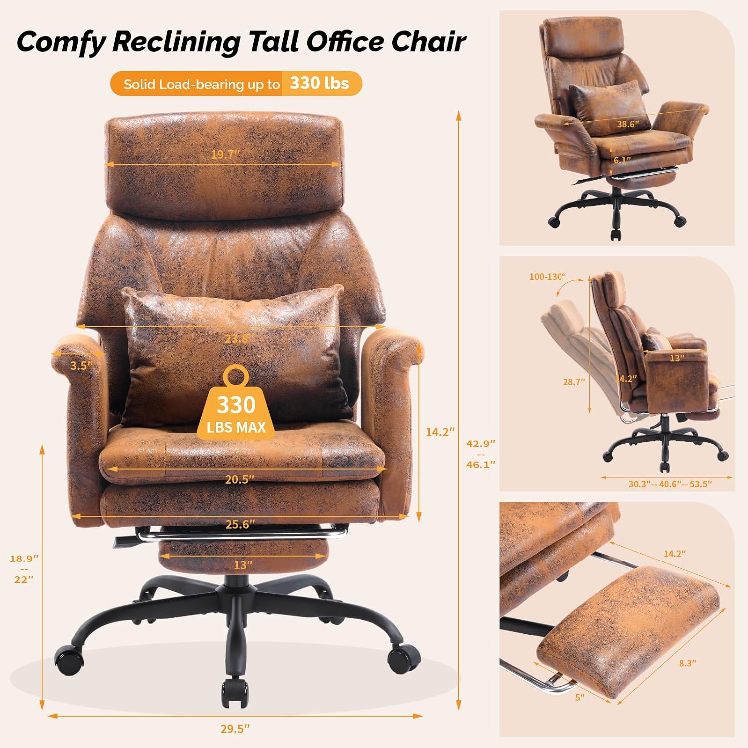 VINGLI 100-130° Reclining Tall Office Chair with Foot Rest & Adjustable Armrests, Ergonomic Criss Cross Chair with Wheels & Headrest, Comfy Wide-Seat Gamer Chair for the Heavy, Microfiber, Vintage