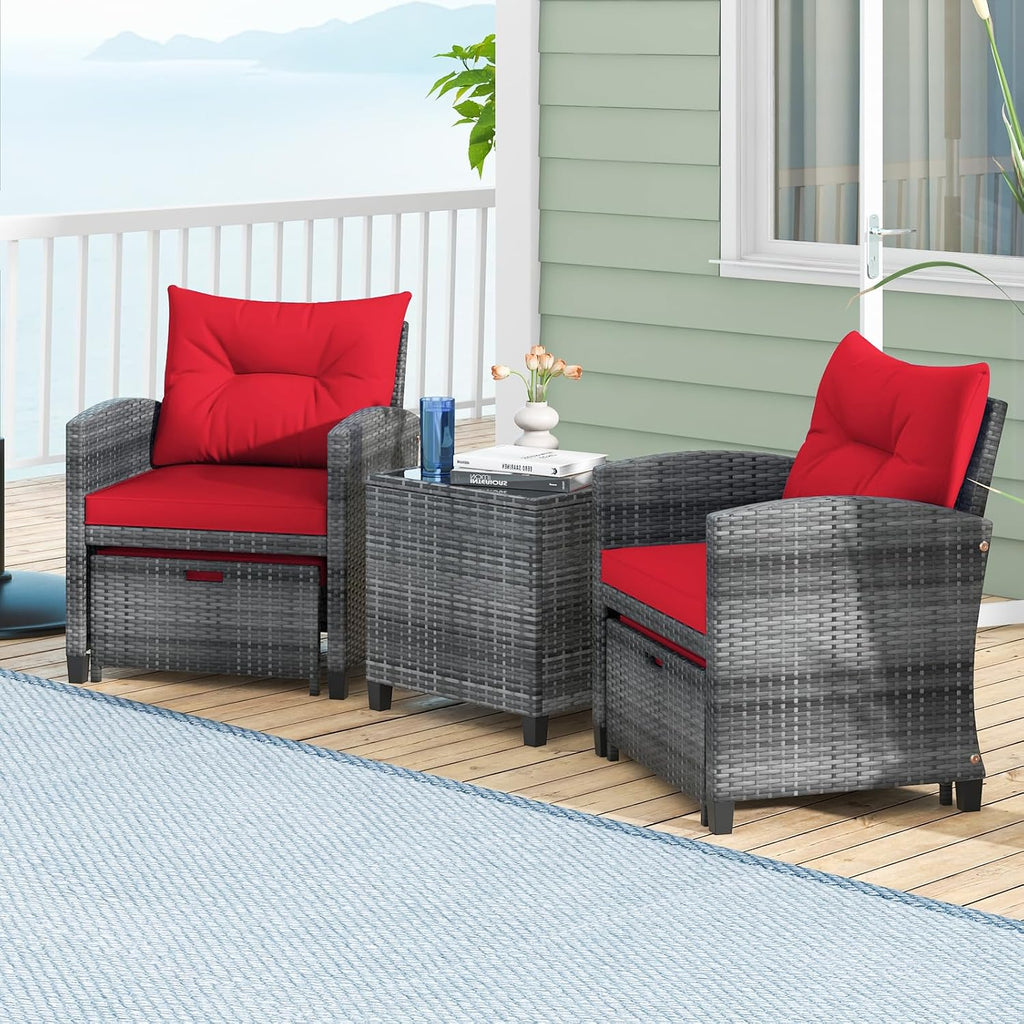KOTEK 5 Pieces Patio Furniture Set with Ottomans, Wicker Patio Conversation Set with Coffee Table & Cushions, PE Rattan Outdoor Lounge Chairs for Backyard, Porch, Poolside (Mix Grey- Red)