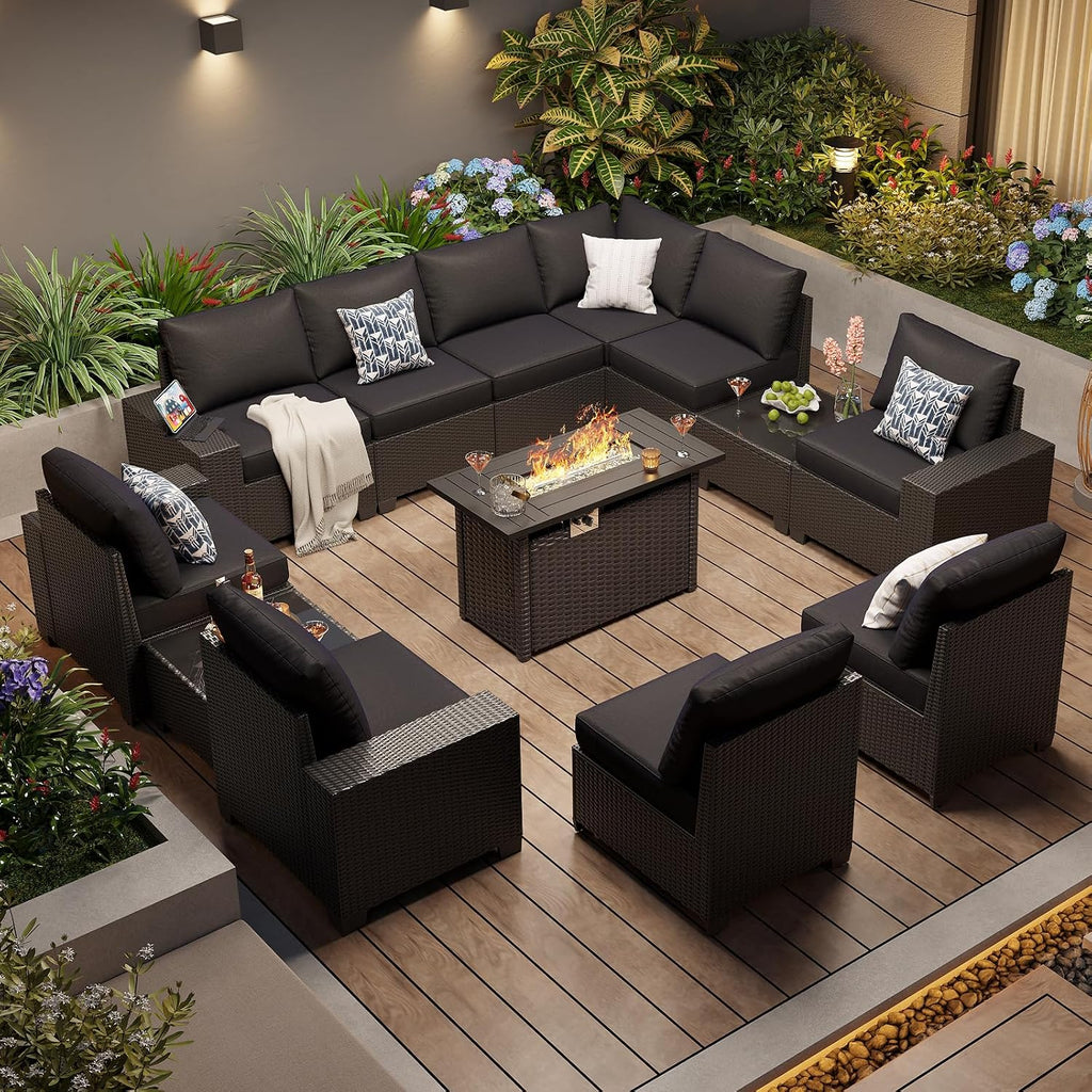 Aoxun Patio Furniture Sets with 44'' Fire Pit, 13 Pcs Outdoor Patio Coversation Set with 4in Thicken Cushion, Widen Armrests Wicker Outdoor Sectional for Backyard (Waterproof Cover Include)