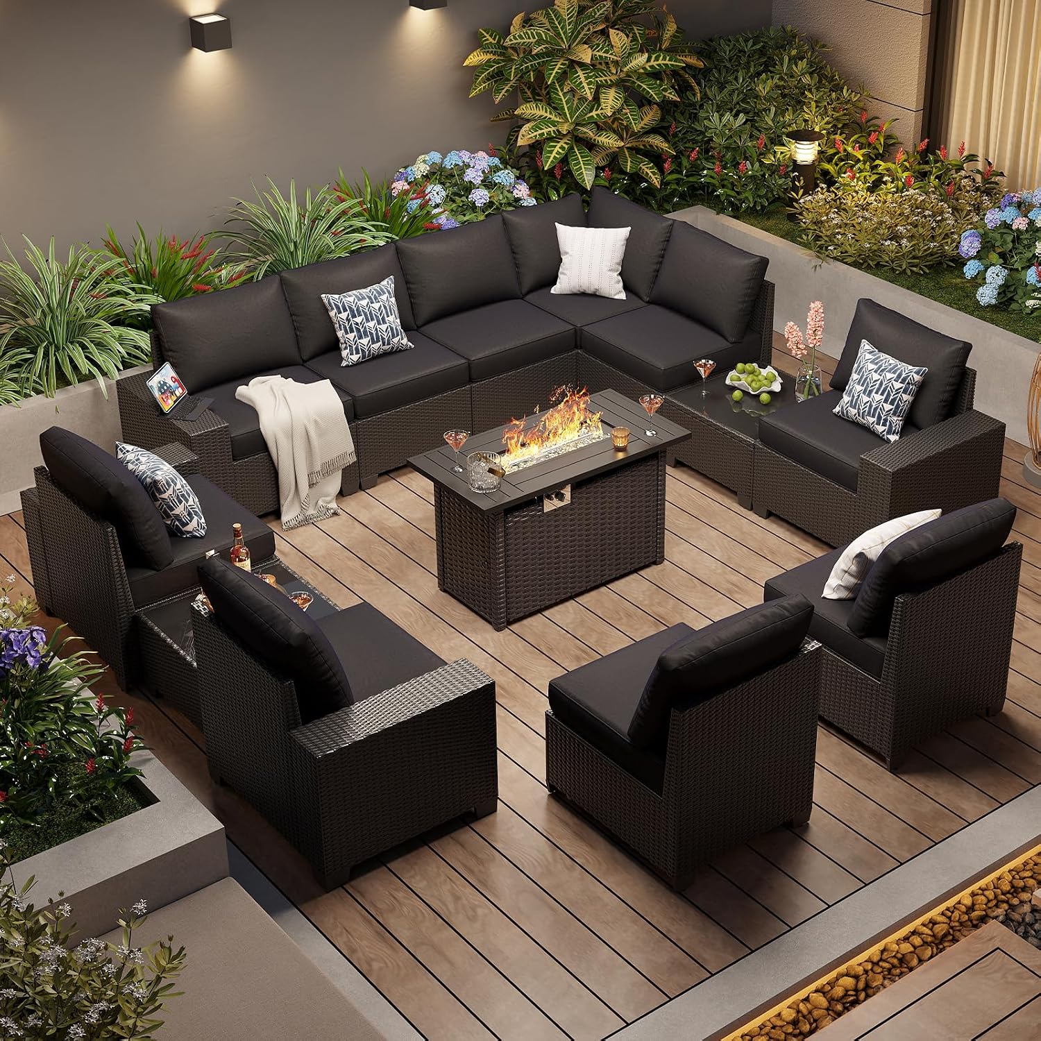 Aoxun Patio Furniture Sets with 44'' Fire Pit, 13 Pcs Outdoor Patio Coversation Set with 4in Thicken Cushion, Widen Armrests Wicker Outdoor Sectional for Backyard (Waterproof Cover Include)