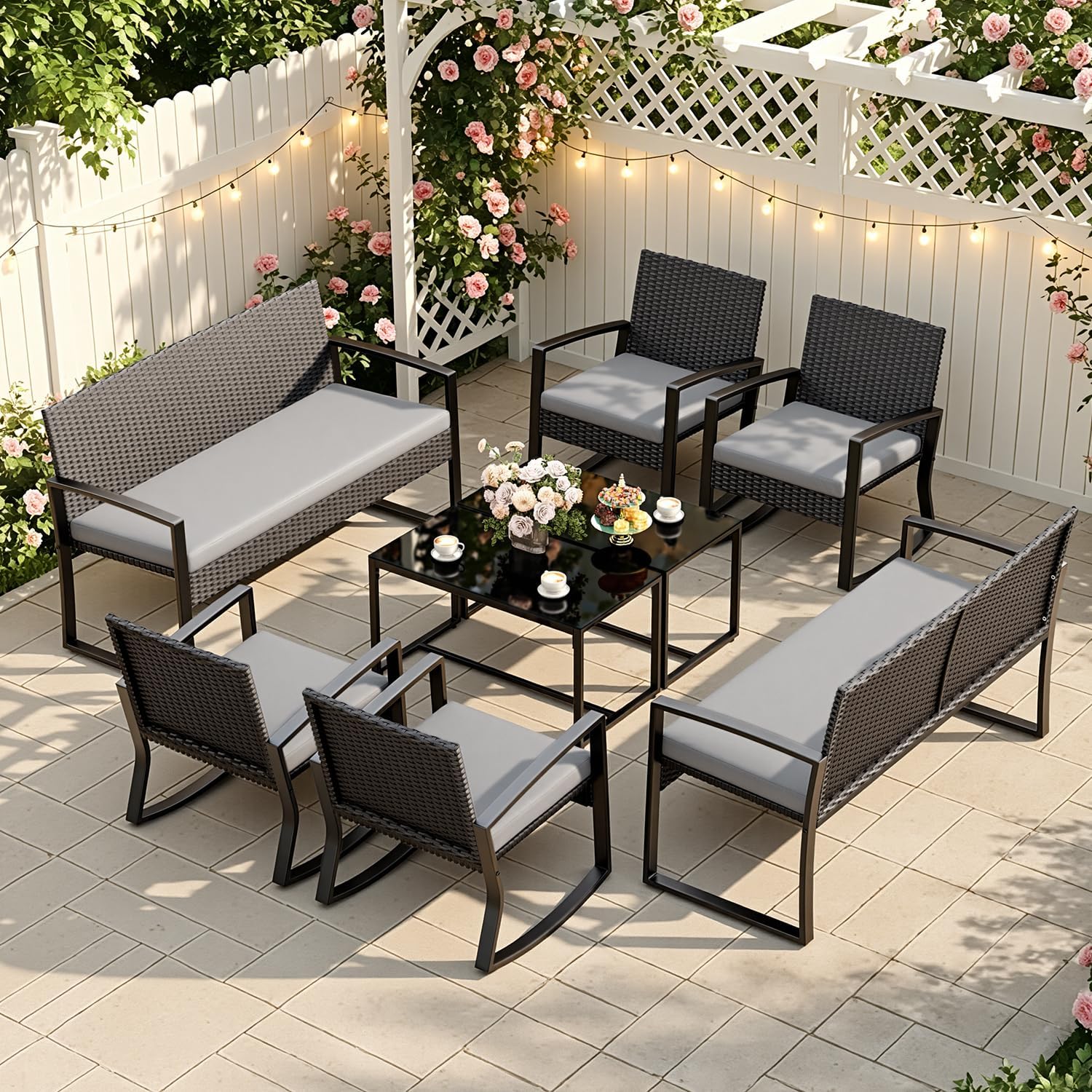 Ahomly 8 Piece Outdoor Patio Furniture Set, Outdoor Wicker Patio Furniture with Glass Coffee Table, Modern Rattan Rocking Chairs Conversation Set, for Porch, Garden, Lawn,Grey Cushion