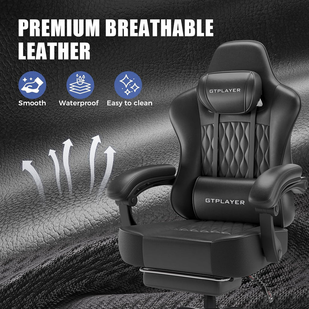 GTPLAYER Big and Tall Gaming Chair with Footrest, Ergonomic Office Desk Chair with 4.4in Thick Cushion and Wide Wingless Seat, Comfortable Leather Computer Chair, Predator Series, Satin Black