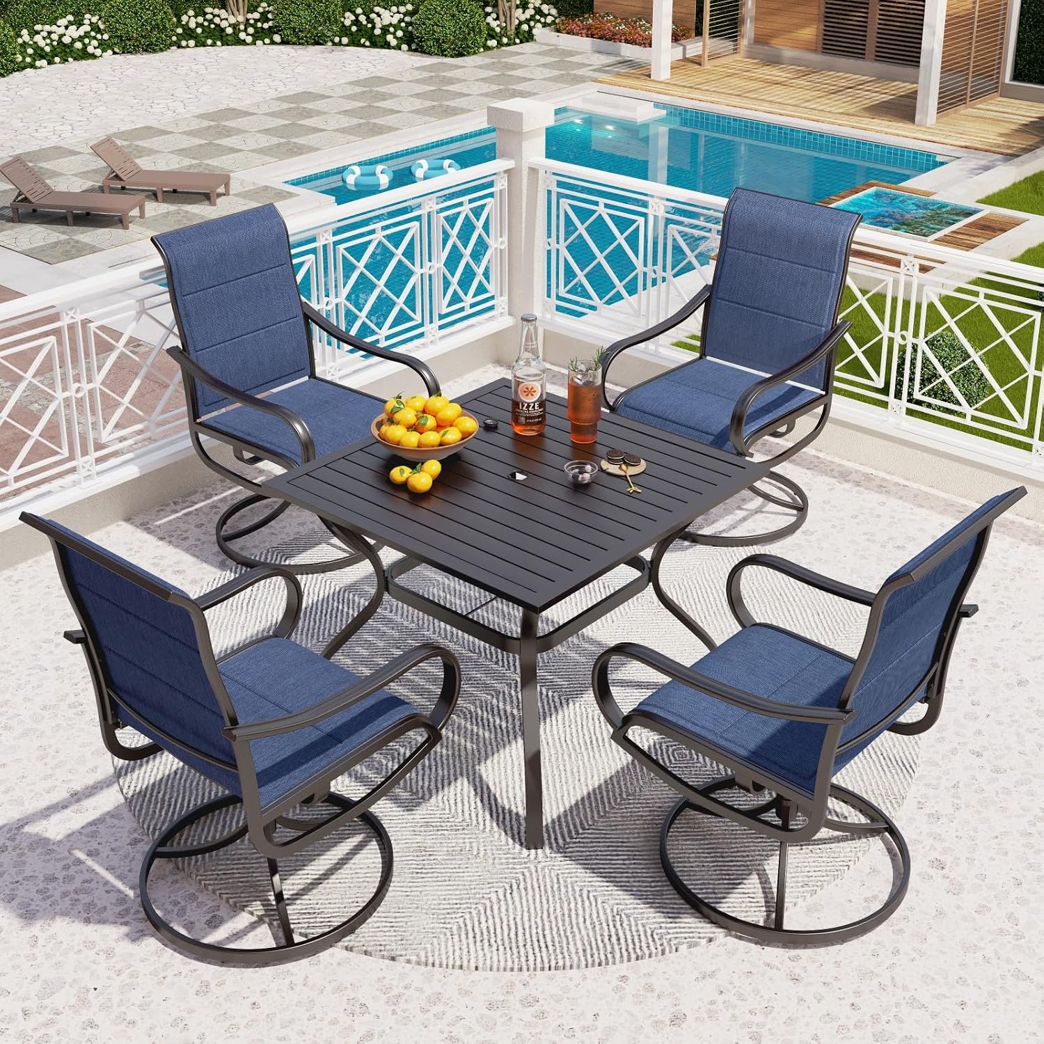 PHI VILLA 5 PCS Patio Dining Set with 4 Padded Outdoor Swivel Dining Chairs(Blue) and 37'x 37' Metal Steel Dining Table(1.57' Umbrella Hole), Outdoor Dining Table & Chairs Set for Deck Lawn Garden