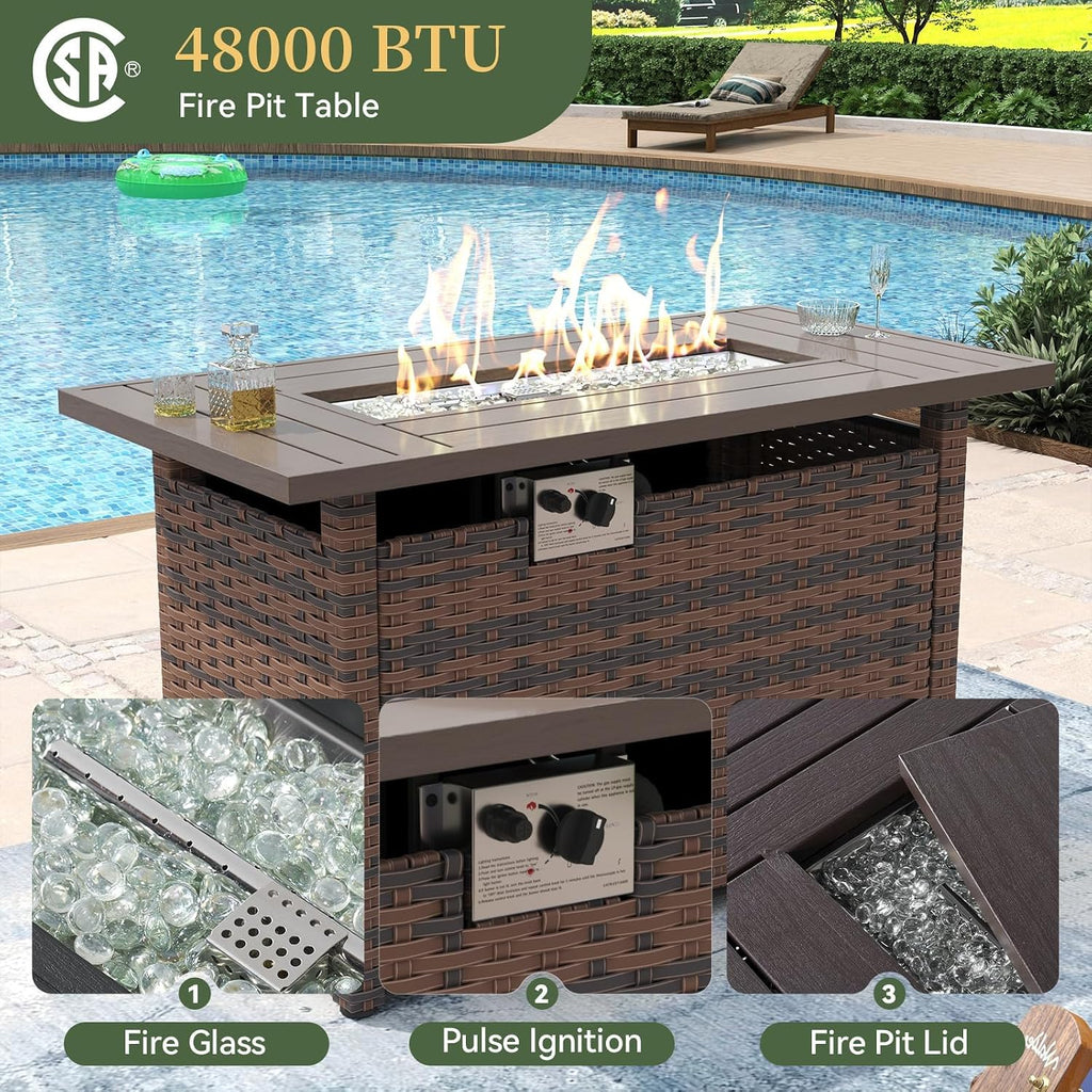 Aoxun 8 Piece Patio Furniture Set with 44' Fire Pit Table Wicker Rattan Outdoor Sectional Sofa Set with Coffee Table and Thickened Cushions, Beige (Waterproof Cover Included)