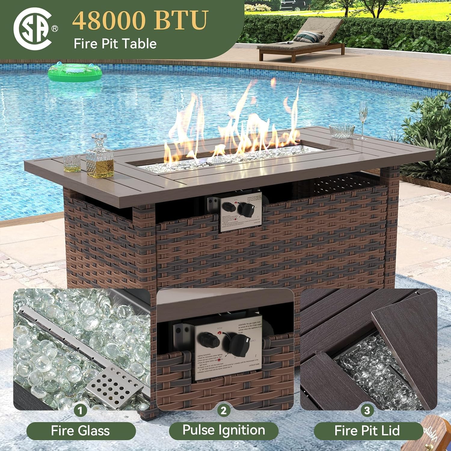 Aoxun 8 Piece Patio Furniture Set with 44' Fire Pit Table Wicker Rattan Outdoor Sectional Sofa Set with Coffee Table and Thickened Cushions, Beige (Waterproof Cover Included)
