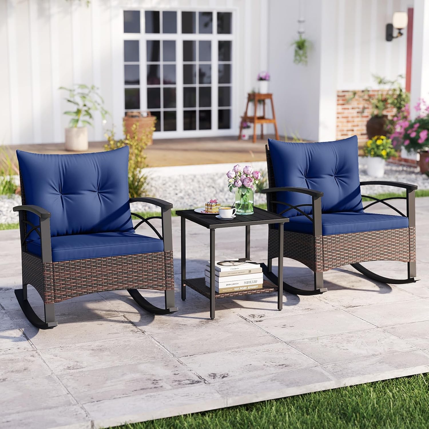 Tangkula 3 Piece Rattan Rocking Chair Set, Patio Rocker Bistro Set w/Acacia Wood Tabletop & Armrests, 2 Outdoor Cushioned Armchairs w/Double-Tier Side Table for Porch, Balcony, Backyard