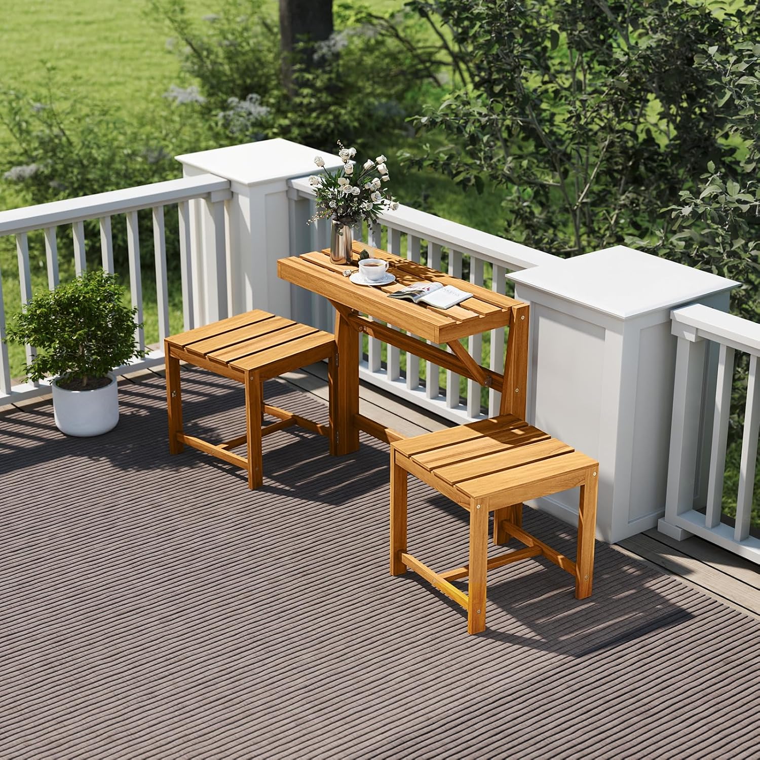 Tangkula 3-in-1 Outdoor Acacia Wood Loveseat Bench Furniture, Patio Table and Chairs Set with Plant Rack Design, for Garden, Porch and Backyard
