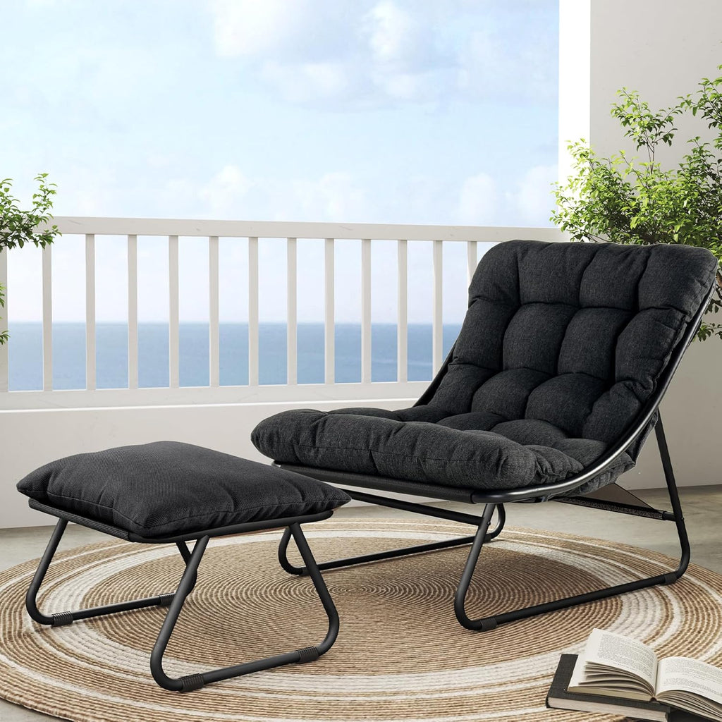 Grand patio Outdoor Chair with Ottoman, Comfy Lounge Chair with Puffy Cushion and Foot Rest, Modern Metal Chair for Patio Porch Deck Living Room, Dark Gray