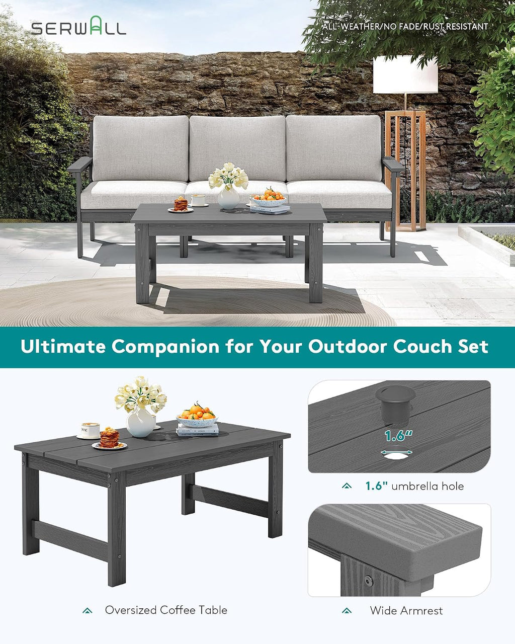SERWALL Outdoor Sectional Sofa Set, 5-piece Outdoor Modula Couch Set with Ottoman, All Weather Patio Furniture Set with Chaise for Deck, Lawn, Gray Frame with Khaki Cushion