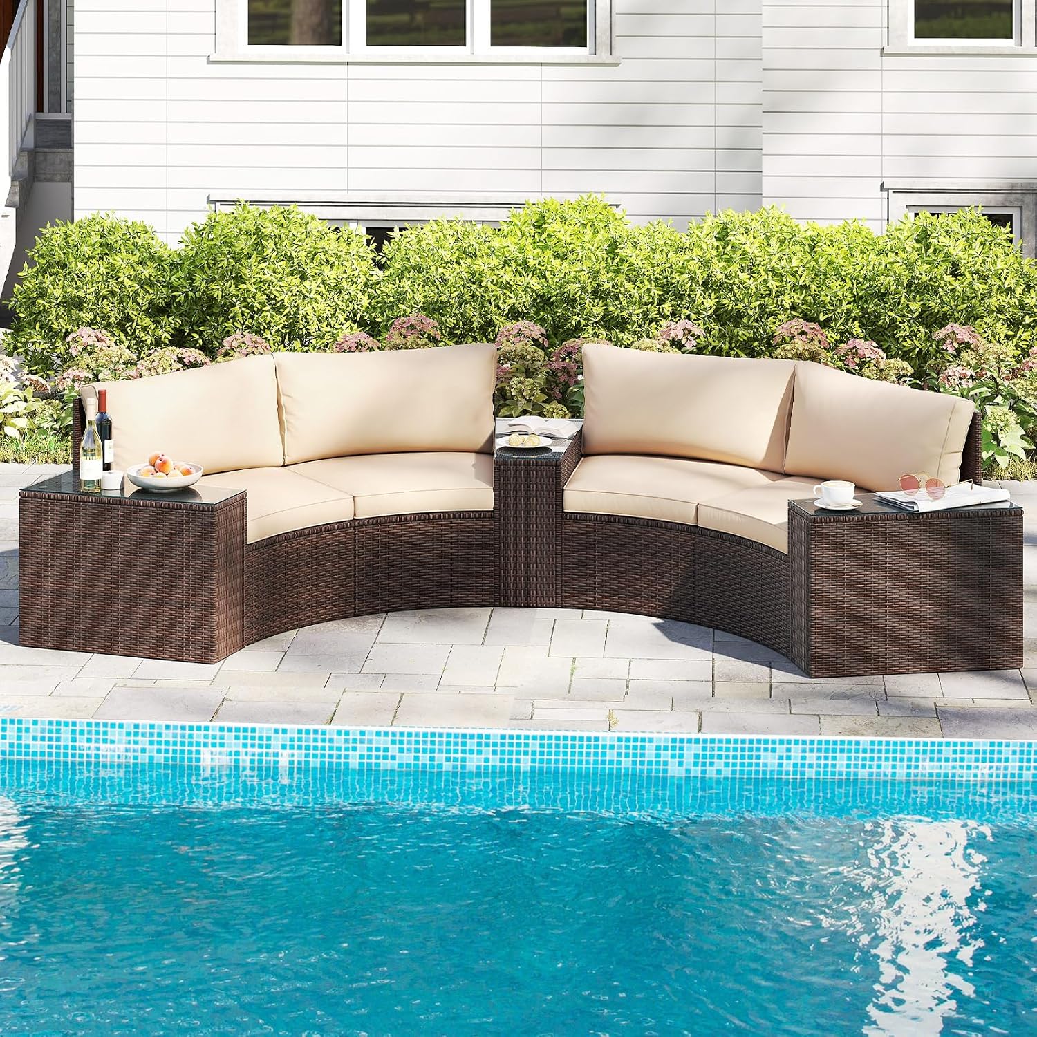 Tangkula 5 Pieces Patio Furniture Set, PE Rattan Half-Moon Curved Sectional Sofas with Tempered Glass Top Side Tables, Outdoor Conversation Set for Porch, Backyard & Poolside (Beige) | Breathable material