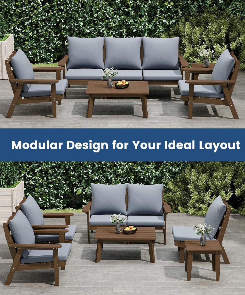 FOOWIN 7-Piece Patio Furniture Set, HDPE All-Weather Outdoor Conversation Set with Thick Cushions, Sectional Patio Sofa Furniture for Deck, Porch, Lawn, Garden, Brown Frame & Grey Cushion