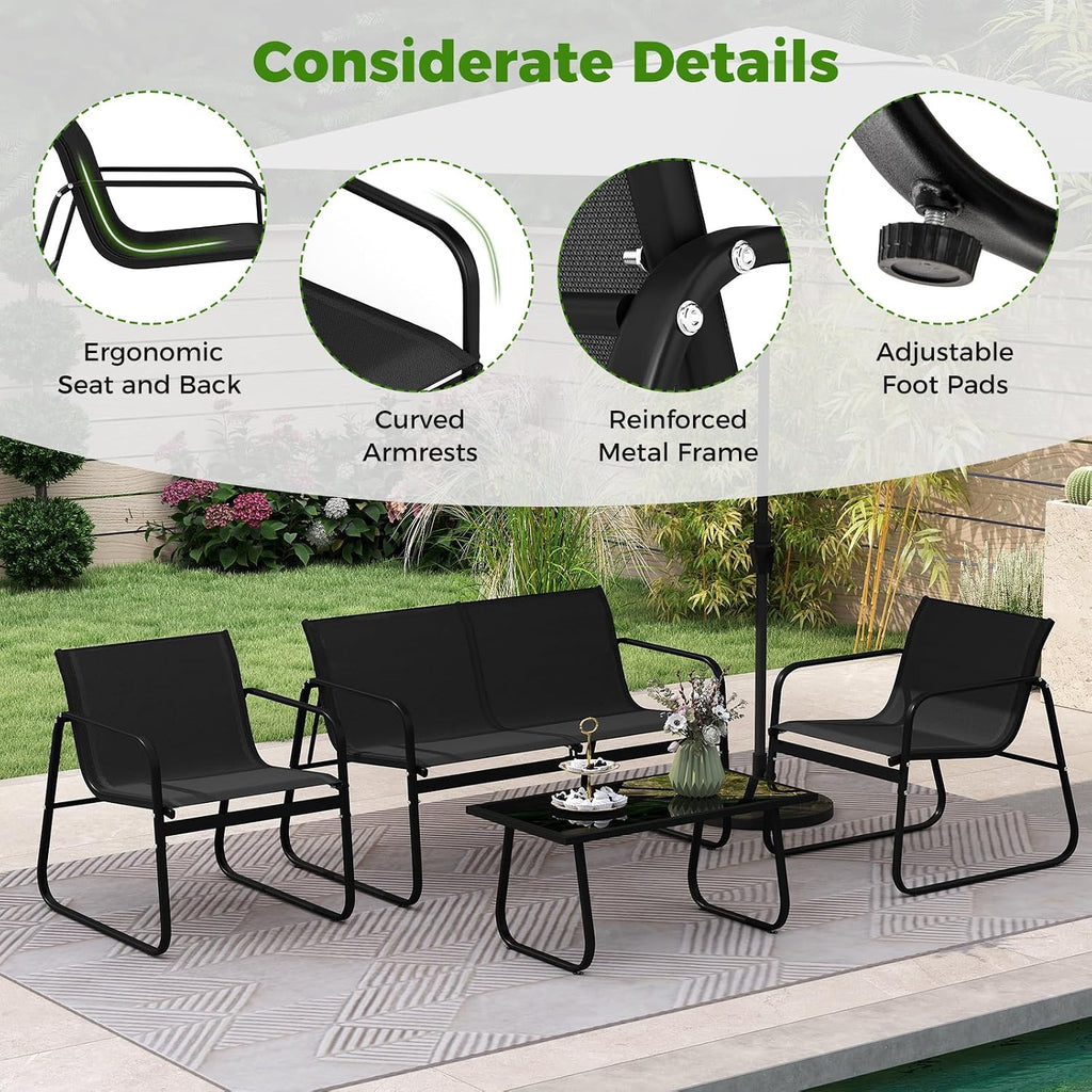 Tangkula 8 Piece Patio Furniture Set, Outdoor Metal Conversation Chair & Coffee Table Set with Mesh Seat Fabric & Tempered Glass Tabletop, Outside Bistro Set for Backyard, Porch, Poolside (Black)