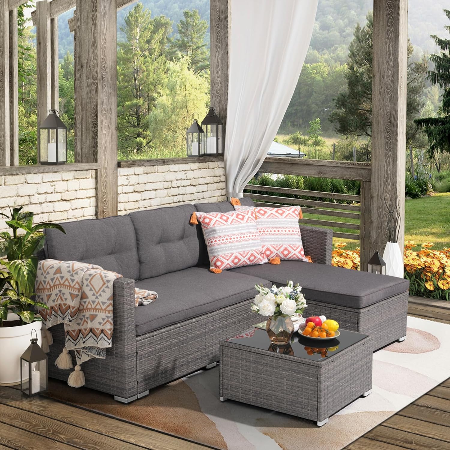 JOIVI Outdoor Patio Furniture Sets, 3-Piece All Weather Wicker Outdoor Conversation Set, Rattan Sectional Sofa Set, Patio Couch with Tempered Glass Table for Porch, Garden, Dark Gray