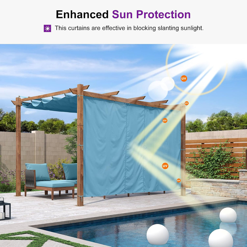 PURPLE LEAF 10' x 13' Pergola with Curtains Outdoor Retractable Pergola Patio Metal Shelter for Garden Porch Natural Wood Grain Frame Gazebo Modern Yard Grill Pergolas with Shade Canopy Turquoise Blue