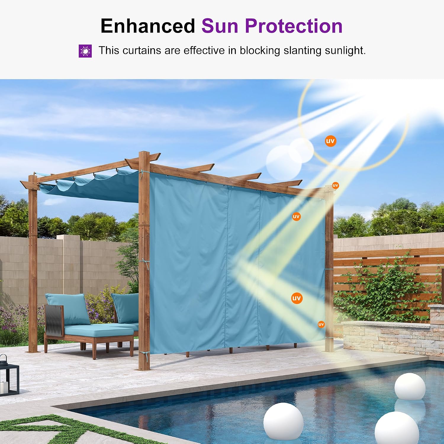 PURPLE LEAF 10' x 13' Pergola with Curtains Outdoor Retractable Pergola Patio Metal Shelter for Garden Porch Natural Wood Grain Frame Gazebo Modern Yard Grill Pergolas with Shade Canopy Turquoise Blue