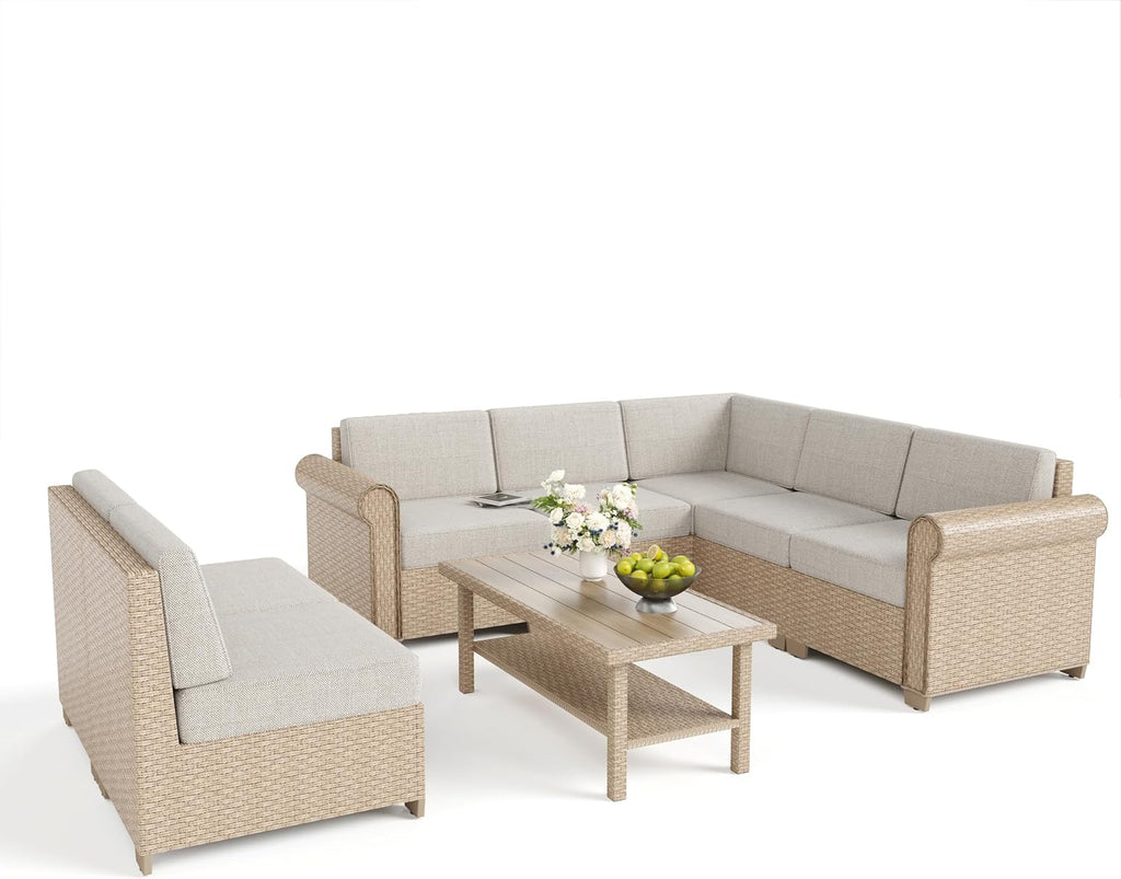 Patio Furniture Set 8 Piece, Wicker Rattan Sectional Sofa Couch with 5.5' Thick Waterproof Cushion and Coffee Table, L Shape All weather Outdoor Conversation Set for Lawn Backyard Deck, Beige