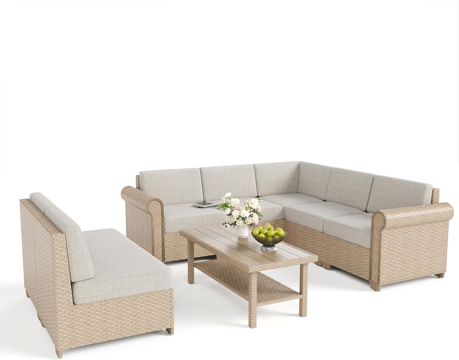 Patio Furniture Set 8 Piece, Wicker Rattan Sectional Sofa Couch with 5.5' Thick Waterproof Cushion and Coffee Table, L Shape All weather Outdoor Conversation Set for Lawn Backyard Deck, Beige