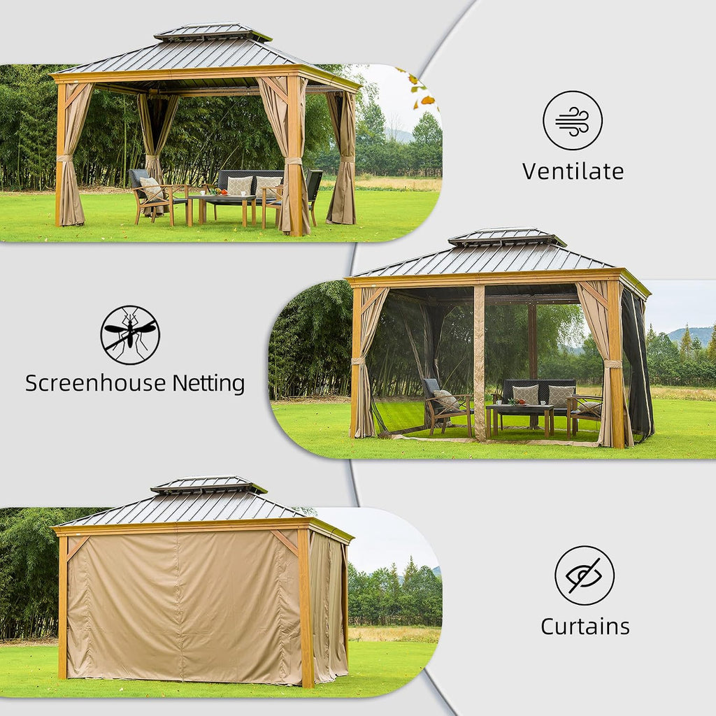 Domi 12' x 14' Hardtop Gazebo Permanent Aluminum Gazebo with Wood-Looking Frame, Galvanized Steel Double Roof, Curtains and Netting for Patio, Lawn, and Garden