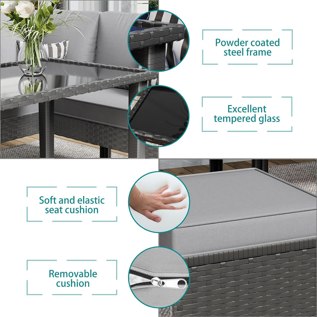 7-Piece Patio Furniture Set with Cushions and Pillows, Outdoor Wicker Sectional Sofa with Long Glass Coffee Table, All-Weather Conversation Set for Garden, Porch, Lawn, Gray