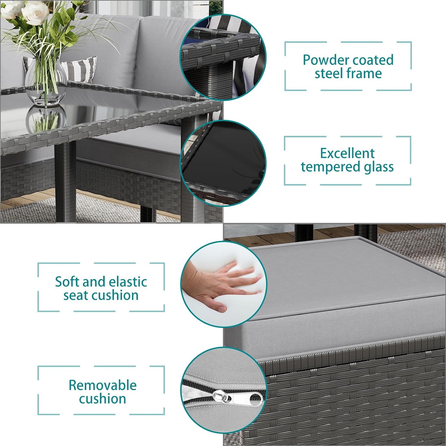 7-Piece Patio Furniture Set with Cushions and Pillows, Outdoor Wicker Sectional Sofa with Long Glass Coffee Table, All-Weather Conversation Set for Garden, Porch, Lawn, Gray
