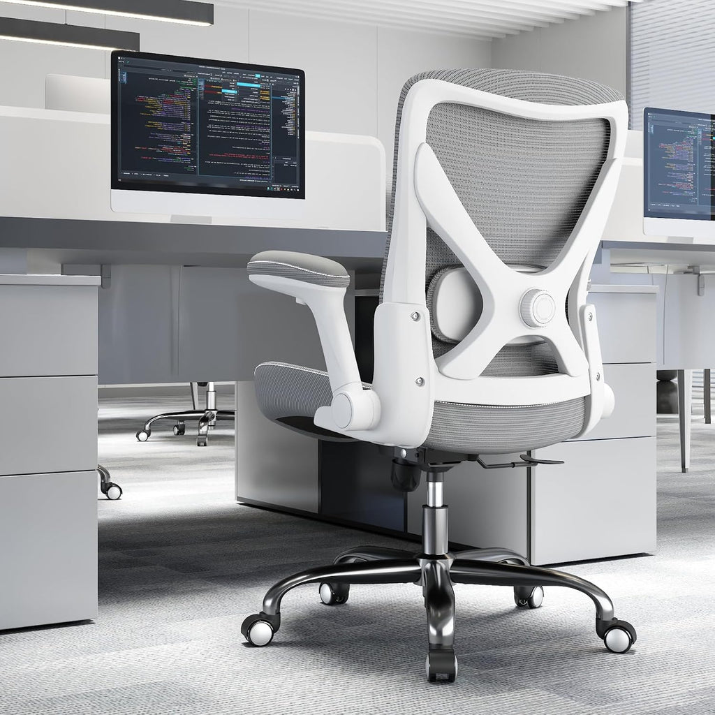 Ergalithic Office Home Ergonomic Desk Chair-Computer X-Shaped Chair Mesh PU Leather with Adjustable Lumbar Support-Executive Chair High Back Flip-Up Arms for Long Hours (White-Grey-No Headrest)