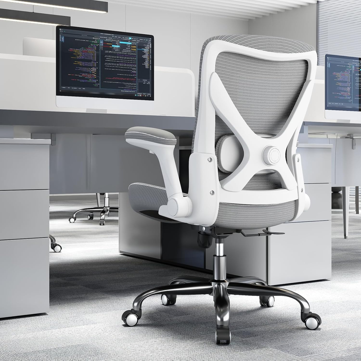 Ergalithic Office Home Ergonomic Desk Chair-Computer X-Shaped Chair Mesh PU Leather with Adjustable Lumbar Support-Executive Chair High Back Flip-Up Arms for Long Hours (White-Grey-No Headrest)