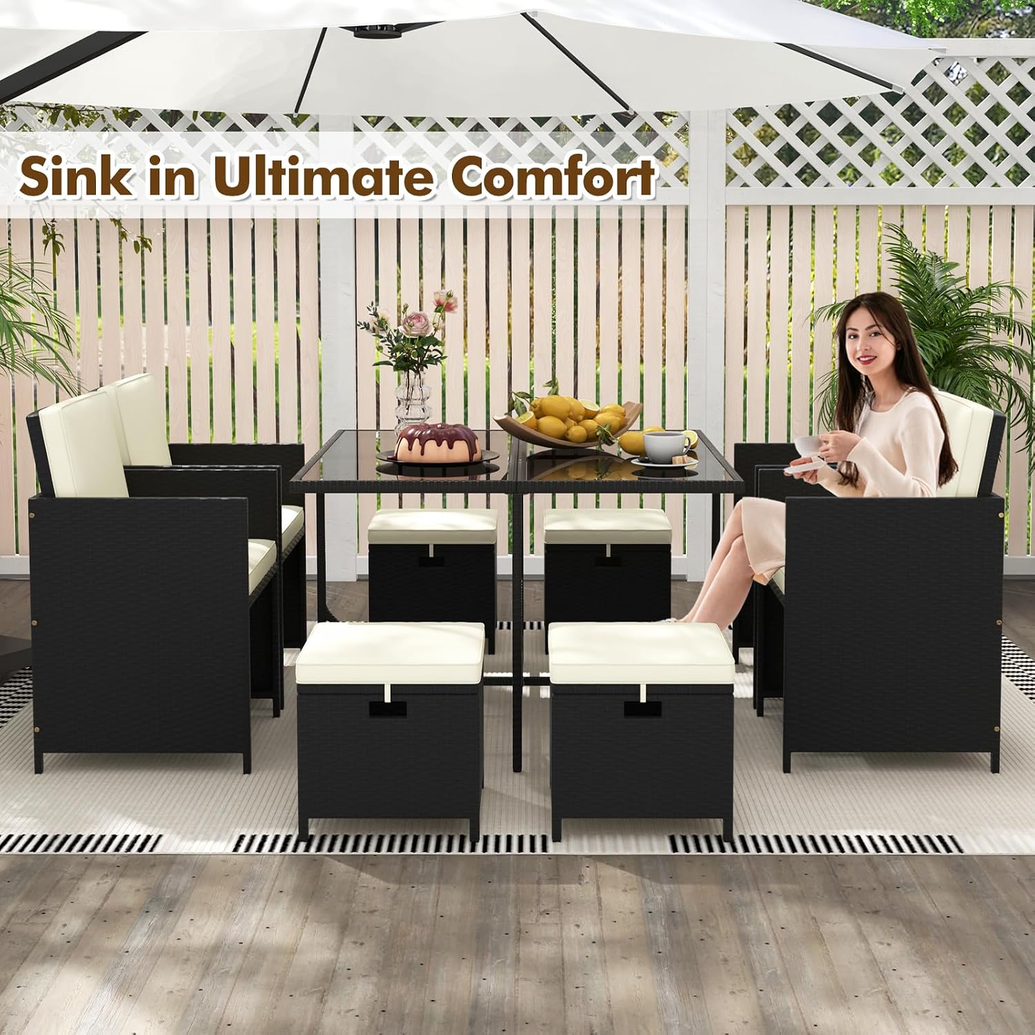 Tangkula 9 Pieces Outdoor Dining Furniture Set, Space-Saving Wicker Rattan Chairs & Tempered Glass Table with Ottomans, Cushioned Seat, Patio Conversation Set for Garden Yard Poolside