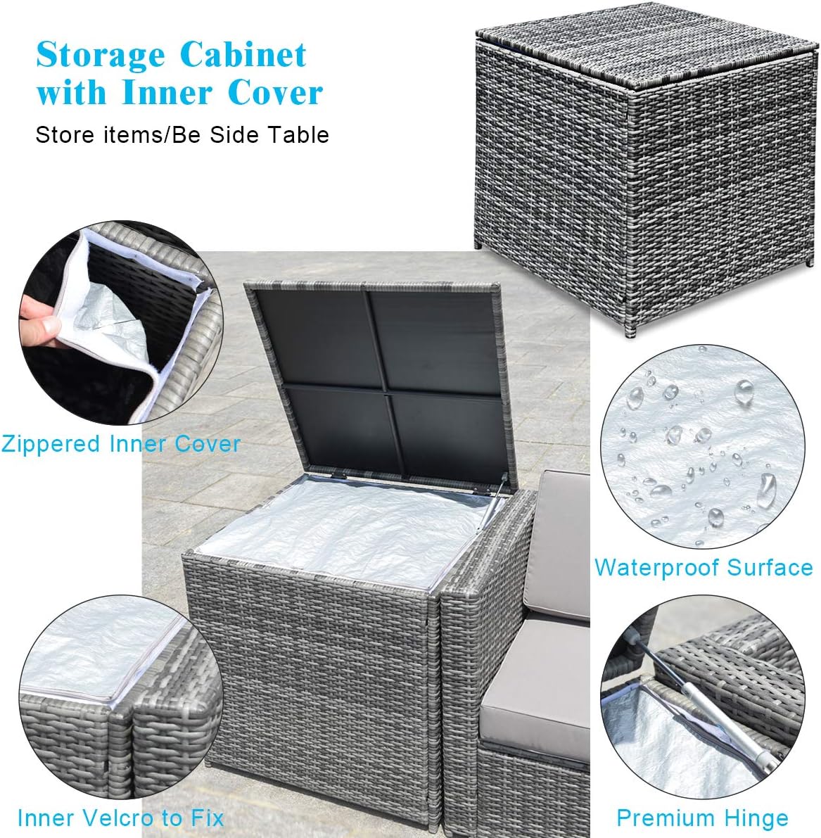 Tangkula 8 Pieces Wicker Patio Furniture Set with Storage Deck Box, PE Rattan Outdoor Sectional Conversation Set with Coffee Table & Cushions, Outside Furniture for Garden Yard Poolside (Turquoise)
