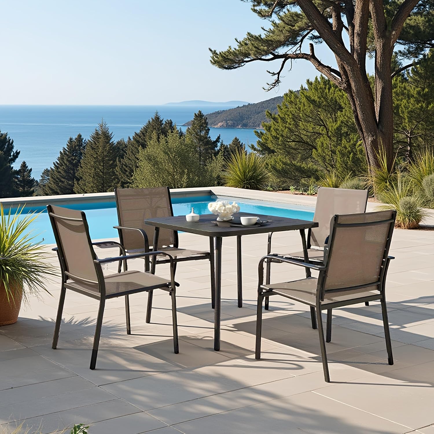 LAUSAINT HOME 5-Piece Outdoor Dining Set, Patio Furniture Set with Textilene Chairs and Square Metal Table, All-Weather Table and Chairs Set with Umbrella Hole for Backyard, Garden, and Poolside